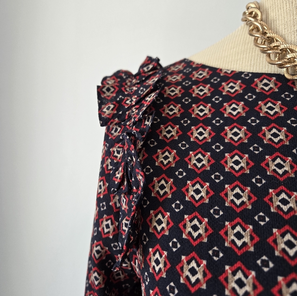 Molly Bracken Lightweight Patterned Long Sleeve Dress. Ruffled Shoulders. Small - Picture 3 of 14
